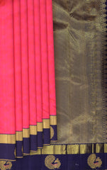 Pink Kancheevaram Silk Saree with Navy Blue Contrast and Peacock Motif
