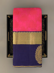 Pink Kancheevaram Silk Saree with Navy Blue Contrast and Peacock Motif