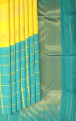 Yellow and Turquoise Blue Half-and-Half Kancheevaram Silk Saree