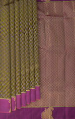 Black Kancheevaram Silk Saree with Purple Contrast and Peacock Motif