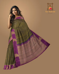 Black Kancheevaram Silk Saree with Purple Contrast and Peacock Motif