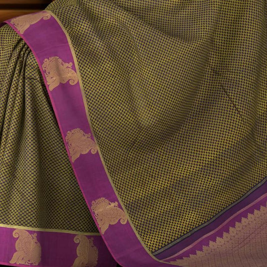 Black Kancheevaram Silk Saree with Purple Contrast and Peacock Motif