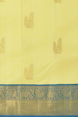 Pale Yellow Kancheevaram Silk Saree with Blue Contrast and Elephant Peacock Bavanshi