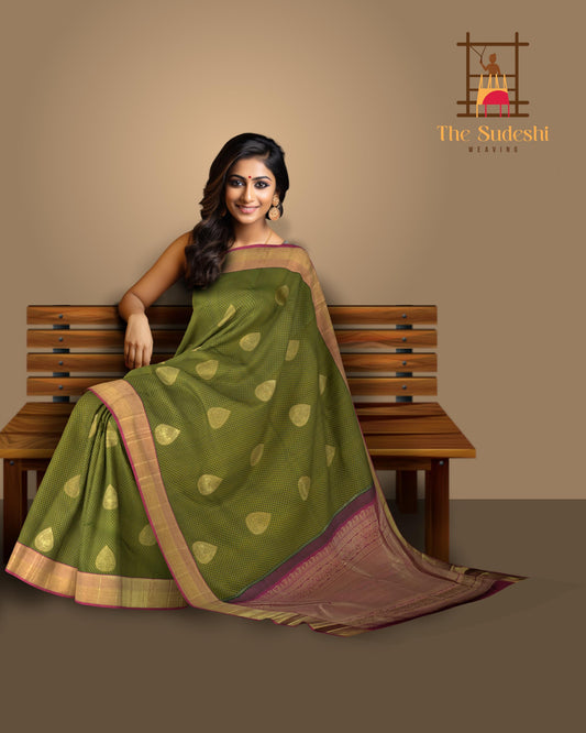 Olive Green Tapestry Pure Kanchipuram Silk Saree with Majenta Highlights