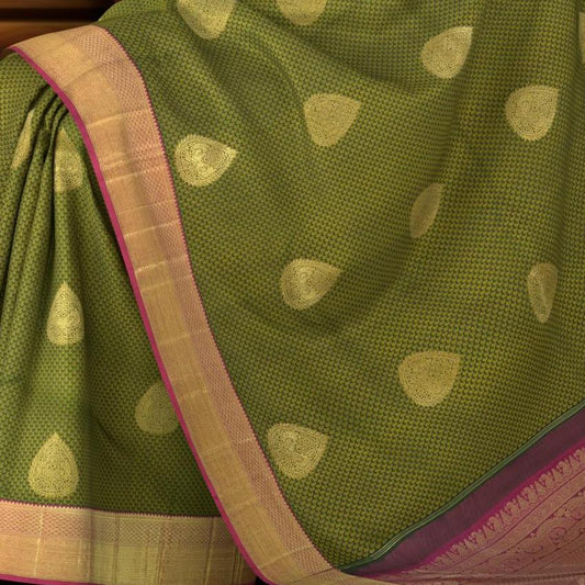 Olive Green Tapestry Pure Kanchipuram Silk Saree with Majenta Highlights