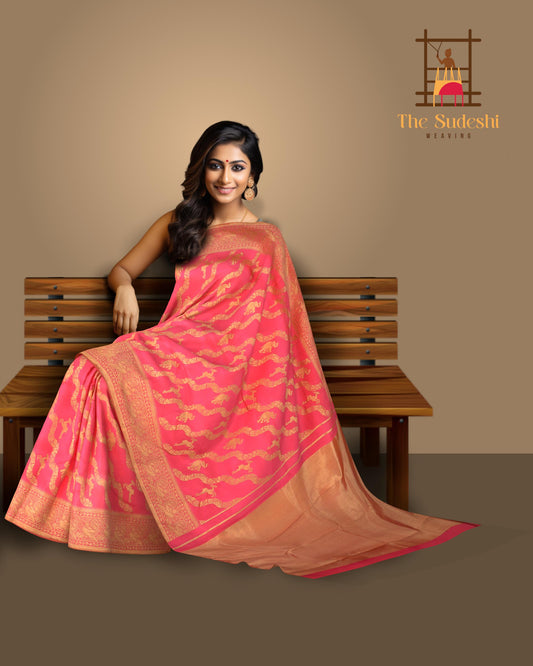 Coral Whisper: Coral Pink Pure Silk Saree with Peacock Border