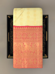Enigmatic Elegance of Off White with Annapakshi and Rudraksham Motifs Pure Kanchipuram Silk Saree