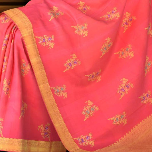 Coral Pink Pure Kanchipuram Silk Saree: A Floral Fantasy
