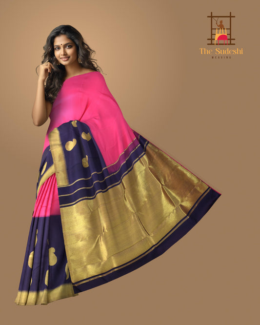 Pink Elegance with Long Blue Border Pure Kanchipuram Silk Saree