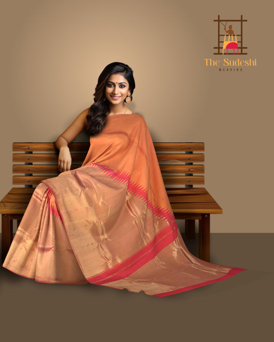 Light Orange Air India Pure Kanchipuram Silk Saree with Golden Zari