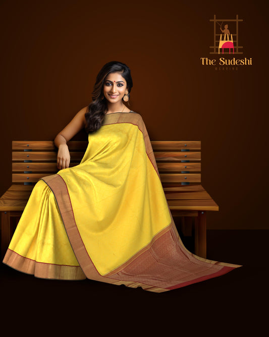 The Golden Hour Glow in Yellow Kancheevaram Silk Saree with Maroon Contrast