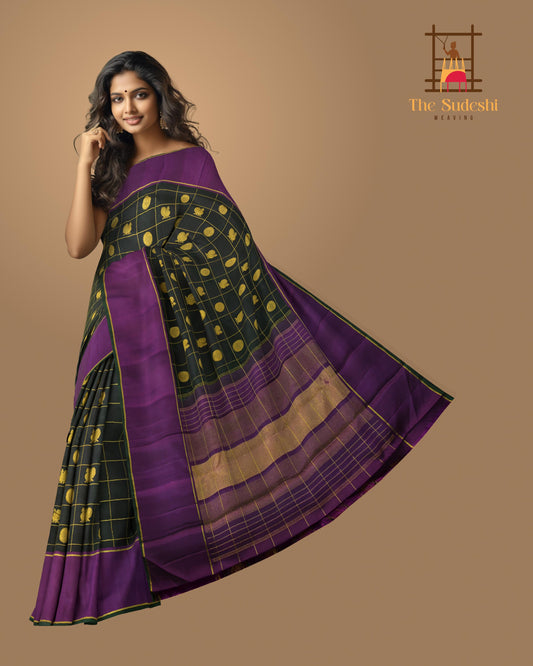 Olive Grace: Olive Green Pure Silk Saree with Blue Rettapet Borders