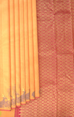 Dawn's First Light: Light Orange Saree with Pink Floral Woven Borders Pure Silk