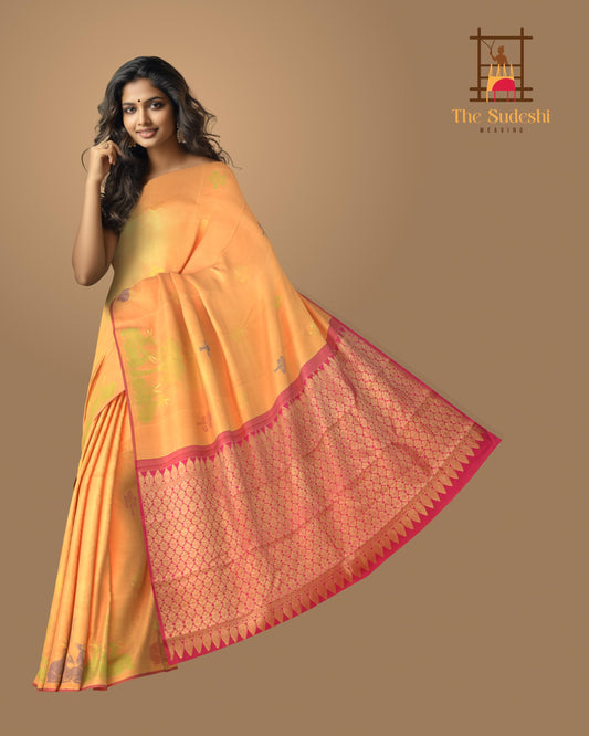Dawn's First Light: Light Orange Saree with Pink Floral Woven Borders Pure Silk