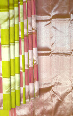 Lime Green Kanchipuram Silk Saree with Light Pink Block Checks – Playful Hues in a Classic Weave