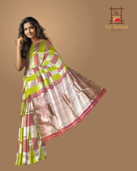 Lime Green Kanchipuram Silk Saree with Light Pink Block Checks – Playful Hues in a Classic Weave