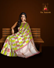 Lime Green Kanchipuram Silk Saree with Light Pink Block Checks – Playful Hues in a Classic Weave