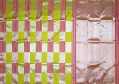 Lime Green Kanchipuram Silk Saree with Light Pink Block Checks – Playful Hues in a Classic Weave