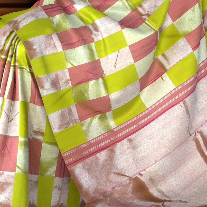 Lime Green Kanchipuram Silk Saree with Light Pink Block Checks – Playful Hues in a Classic Weave