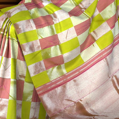 Lime Green Kanchipuram Silk Saree with Light Pink Block Checks – Playful Hues in a Classic Weave