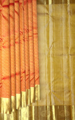 Golden Orange Kanchipuram Silk Saree with Floral Zari Brocade – A Glimmering Ode to Heritage