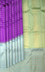 Purple Kanchipuram Silk Saree with Zari Checks and Blue-Grey Border – A Royal Classic with a Contemporary Touch