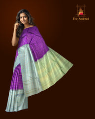Purple Kanchipuram Silk Saree with Zari Checks and Blue-Grey Border – A Royal Classic with a Contemporary Touch