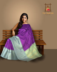 Purple Kanchipuram Silk Saree with Zari Checks and Blue-Grey Border – A Royal Classic with a Contemporary Touch