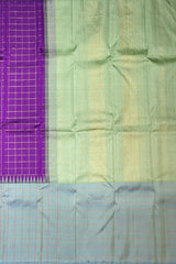 Purple Kanchipuram Silk Saree with Zari Checks and Blue-Grey Border – A Royal Classic with a Contemporary Touch