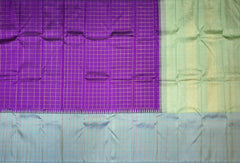 Purple Kanchipuram Silk Saree with Zari Checks and Blue-Grey Border – A Royal Classic with a Contemporary Touch