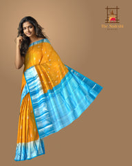 Yellow Kanchipuram Silk Saree with Gold-Silver Motifs and Light Blue Border – Sunshine Draped in Splendor