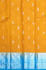 Yellow Kanchipuram Silk Saree with Gold-Silver Motifs and Light Blue Border – Sunshine Draped in Splendor