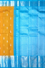 Yellow Kanchipuram Silk Saree with Gold-Silver Motifs and Light Blue Border – Sunshine Draped in Splendor