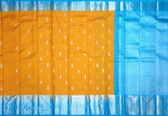 Yellow Kanchipuram Silk Saree with Gold-Silver Motifs and Light Blue Border – Sunshine Draped in Splendor