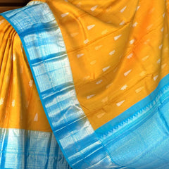 Yellow Kanchipuram Silk Saree with Gold-Silver Motifs and Light Blue Border – Sunshine Draped in Splendor