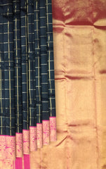 Black and Pink Kanchipuram Silk Saree with Checks and Elephant-Peacock Border – A Bold Classic with Regal Motifs