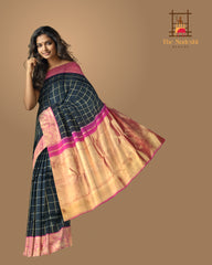 Black and Pink Kanchipuram Silk Saree with Checks and Elephant-Peacock Border – A Bold Classic with Regal Motifs