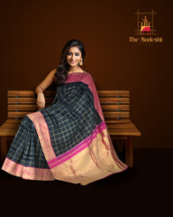 Black and Pink Kanchipuram Silk Saree with Checks and Elephant-Peacock Border – A Bold Classic with Regal Motifs