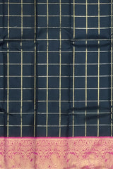 Black and Pink Kanchipuram Silk Saree with Checks and Elephant-Peacock Border – A Bold Classic with Regal Motifs