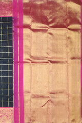 Black and Pink Kanchipuram Silk Saree with Checks and Elephant-Peacock Border – A Bold Classic with Regal Motifs