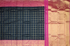 Black and Pink Kanchipuram Silk Saree with Checks and Elephant-Peacock Border – A Bold Classic with Regal Motifs