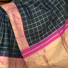 Black and Pink Kanchipuram Silk Saree with Checks and Elephant-Peacock Border – A Bold Classic with Regal Motifs