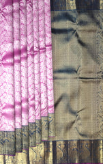 Pink Jacquard Kanchipuram Silk Saree with Navy Blue Annam Border – Grace Meets Grandeur in Traditional Weave
