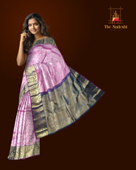 Pink Jacquard Kanchipuram Silk Saree with Navy Blue Annam Border – Grace Meets Grandeur in Traditional Weave