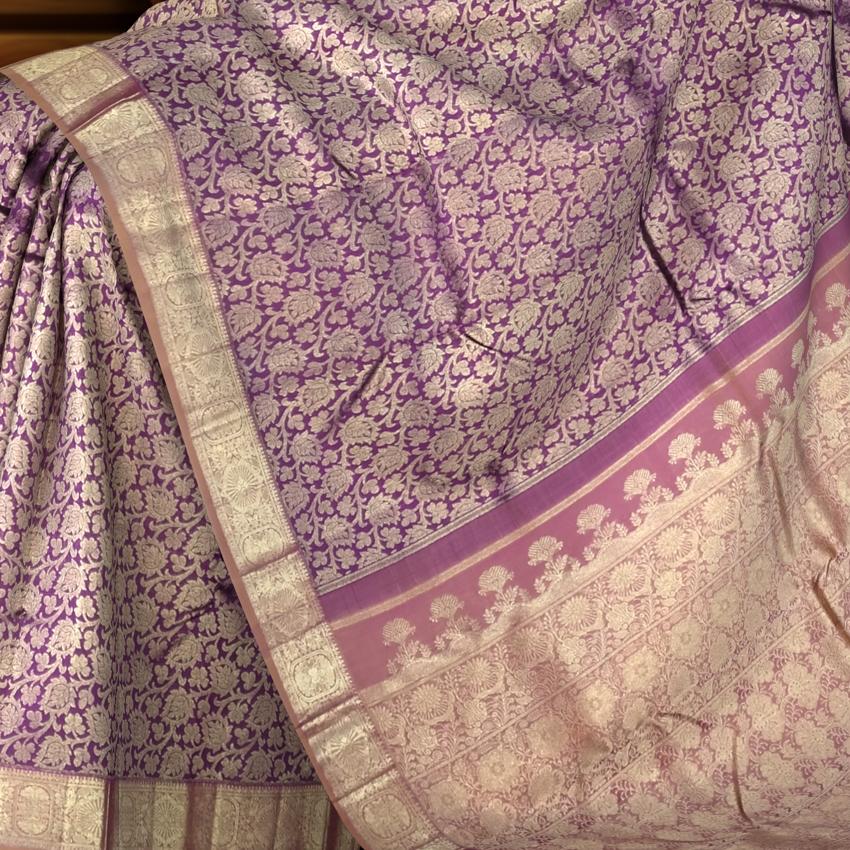 Purple Floral Jacquard Kanchipuram Silk Saree – A Regal Weave of Art and Elegance