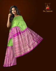Half and Half Kanchipuram Silk Saree in Parrot Green and Pink with Checks and Parrot-Floral Motifs – A Playful Symphony in Silk
