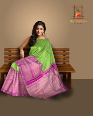 Half and Half Kanchipuram Silk Saree in Parrot Green and Pink with Checks and Parrot-Floral Motifs – A Playful Symphony in Silk