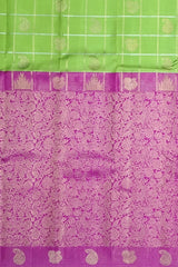 Half and Half Kanchipuram Silk Saree in Parrot Green and Pink with Checks and Parrot-Floral Motifs – A Playful Symphony in Silk