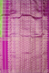 Half and Half Kanchipuram Silk Saree in Parrot Green and Pink with Checks and Parrot-Floral Motifs – A Playful Symphony in Silk