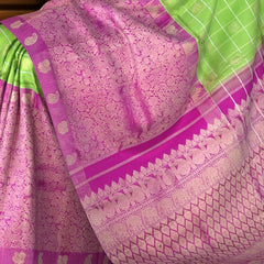 Half and Half Kanchipuram Silk Saree in Parrot Green and Pink with Checks and Parrot-Floral Motifs – A Playful Symphony in Silk